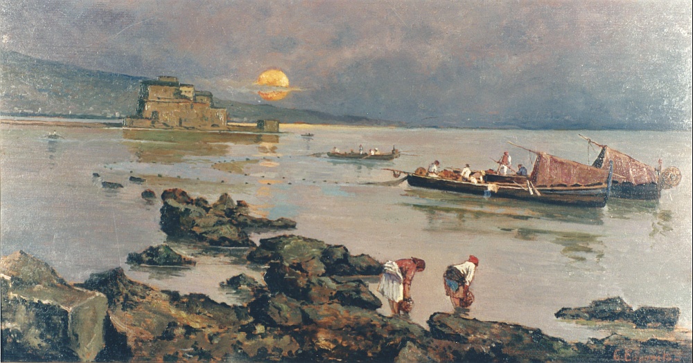  GAETANO ESPOSITO, 'Marina con barche di pescatori', olio su tavola 